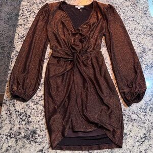 Entro Bronze Metallic Shimmer Twist Front Mini Dress Small